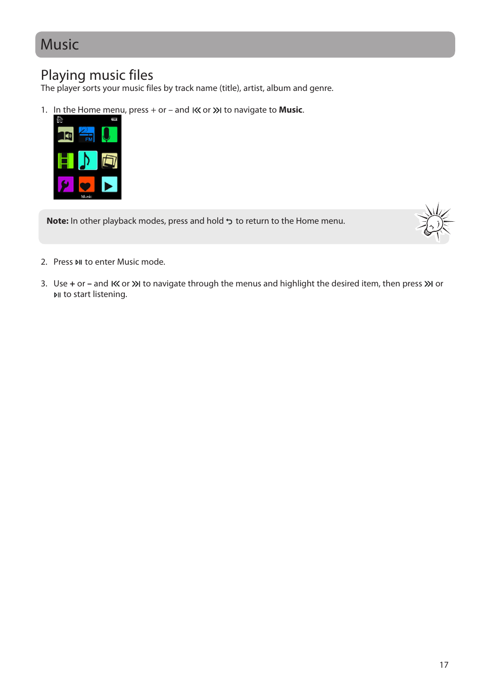 Music, Playing music files | RCA M48 User Manual | Page 18 / 39