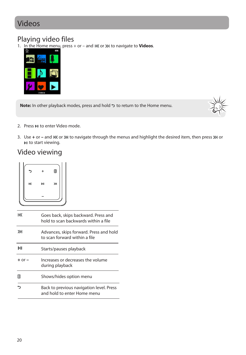 Videos, Playing video files, Video viewing | RCA M48 User Manual | Page 21 / 39