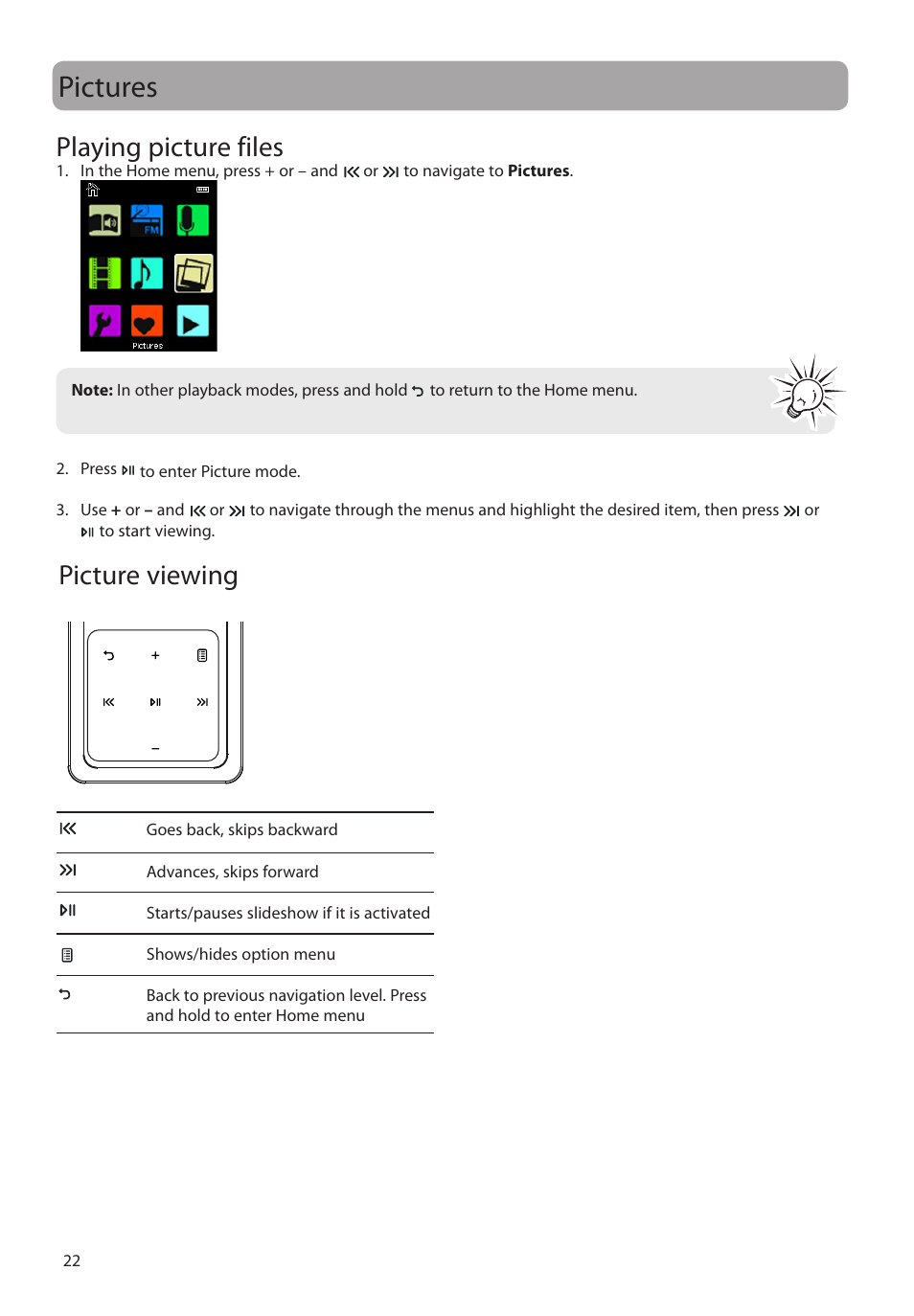 Pictures, Playing picture files, Picture viewing | RCA M48 User Manual | Page 23 / 39