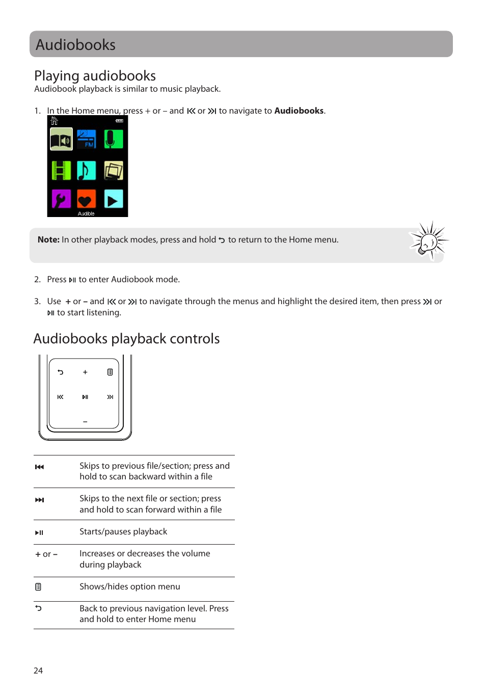 Audiobooks, Playing audiobooks, Audiobooks playback controls | Audiobooks playback controls playing audiobooks | RCA M48 User Manual | Page 25 / 39