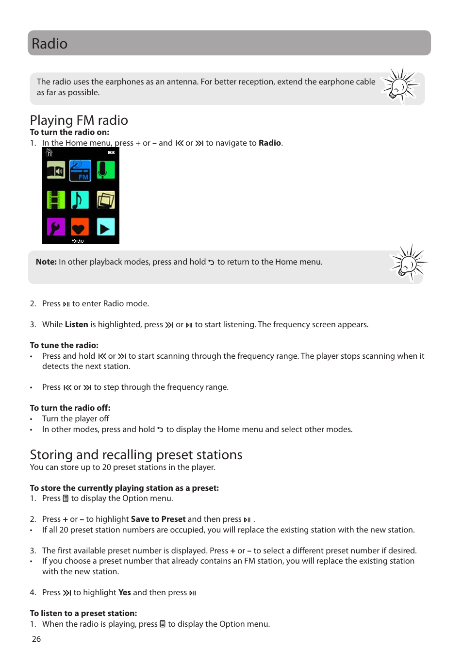 Radio, Playing fm radio, Storing and recalling preset stations | RCA M48 User Manual | Page 27 / 39