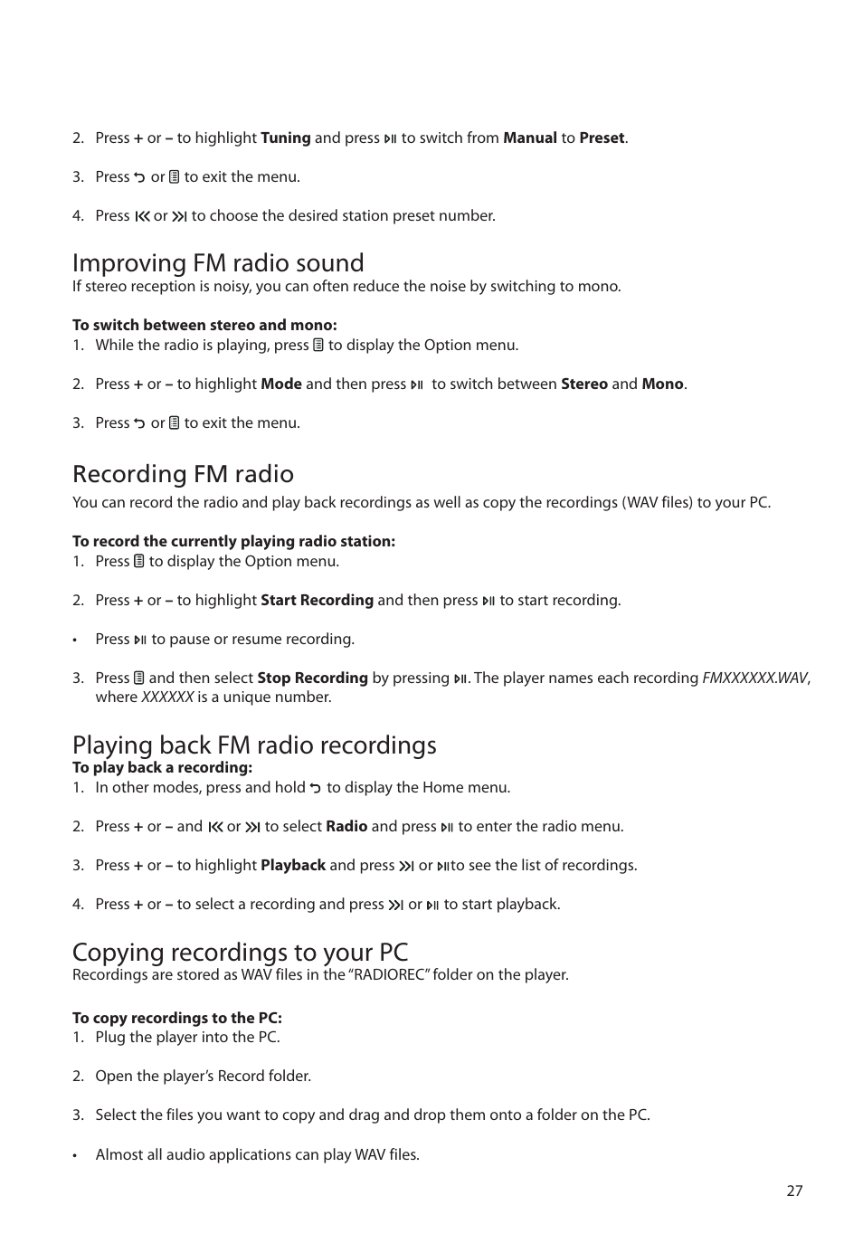 Improving fm radio sound, Playing back fm radio recordings, Copying recordings to your pc | Recording fm radio | RCA M48 User Manual | Page 28 / 39