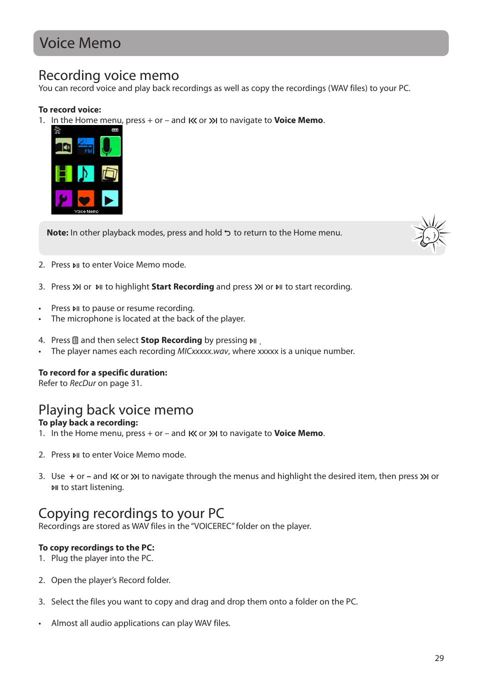 Voice memo, Recording voice memo, Playing back voice memo | Copying recordings to your pc | RCA M48 User Manual | Page 30 / 39