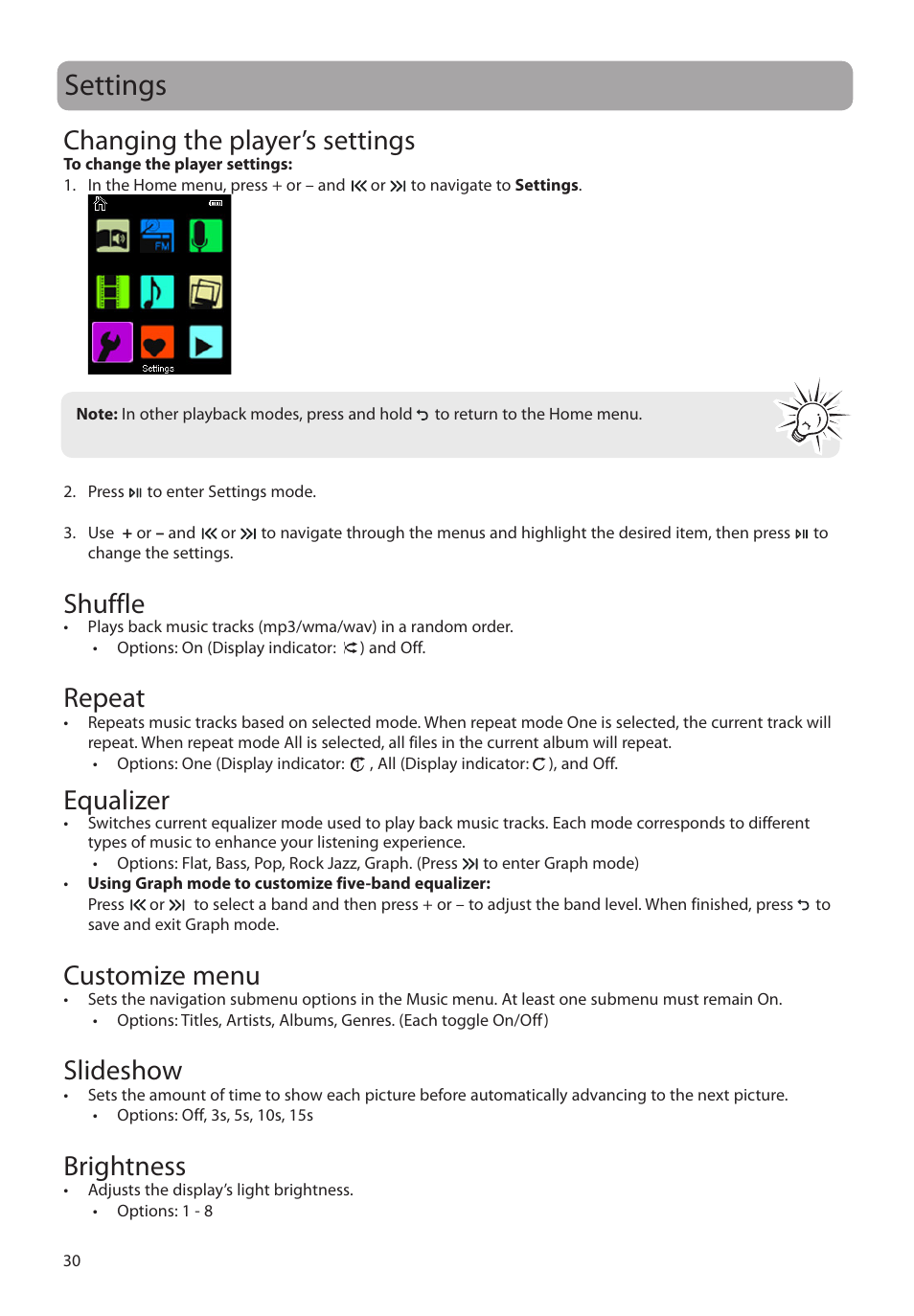 Settings, Changing the player’s settings, Shuffle | Repeat, Equalizer, Customize menu, Slideshow, Brightness | RCA M48 User Manual | Page 31 / 39