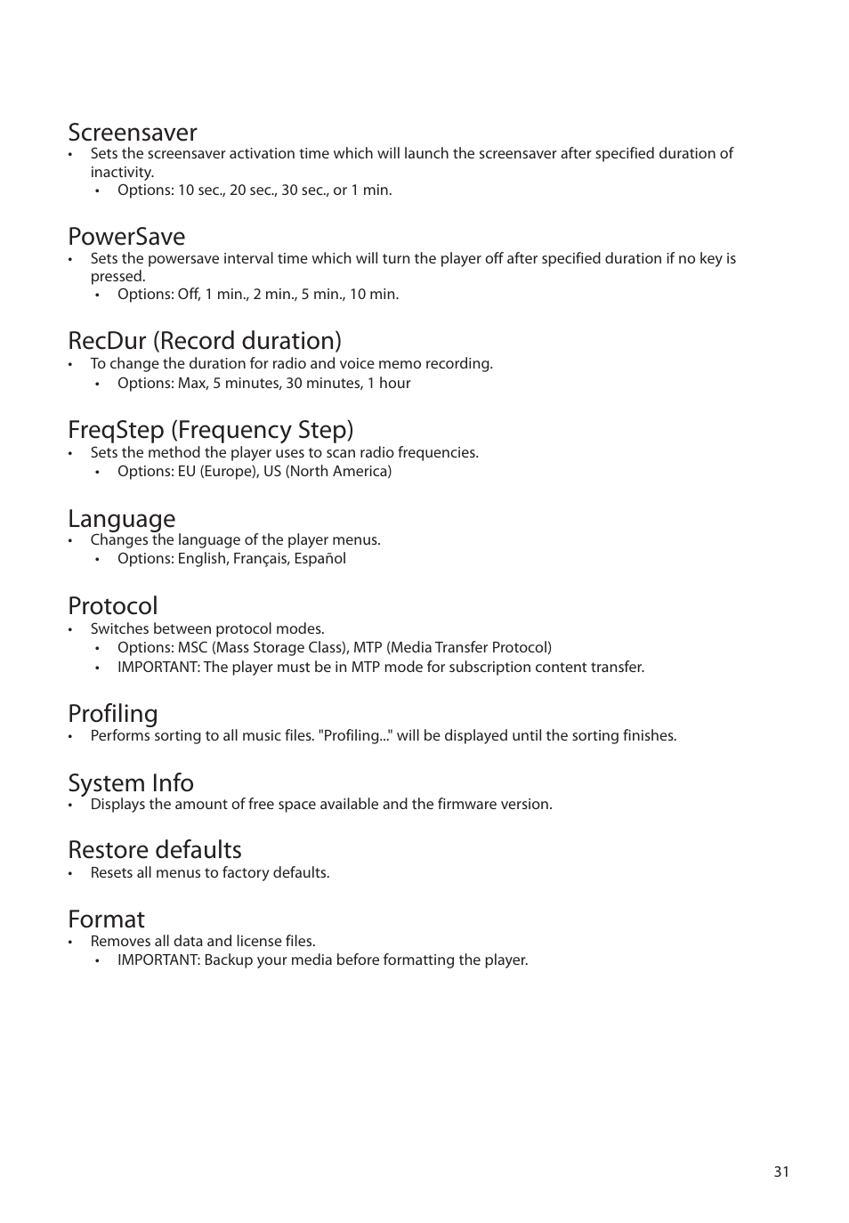 Screensaver, Powersave, Recdur (record duration) | Freqstep (frequency step), Language, Protocol, Profiling, System info, Restore defaults, Format | RCA M48 User Manual | Page 32 / 39
