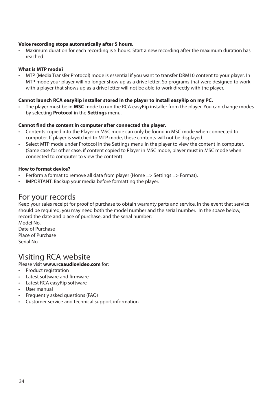 For your records, Visiting rca website, Technical specification | RCA M48 User Manual | Page 35 / 39