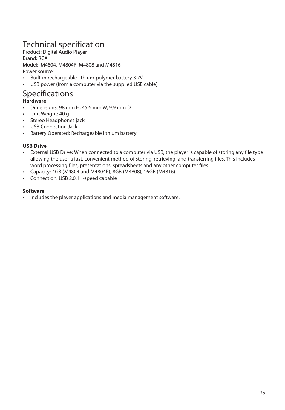 Specifications, Technical specification | RCA M48 User Manual | Page 36 / 39