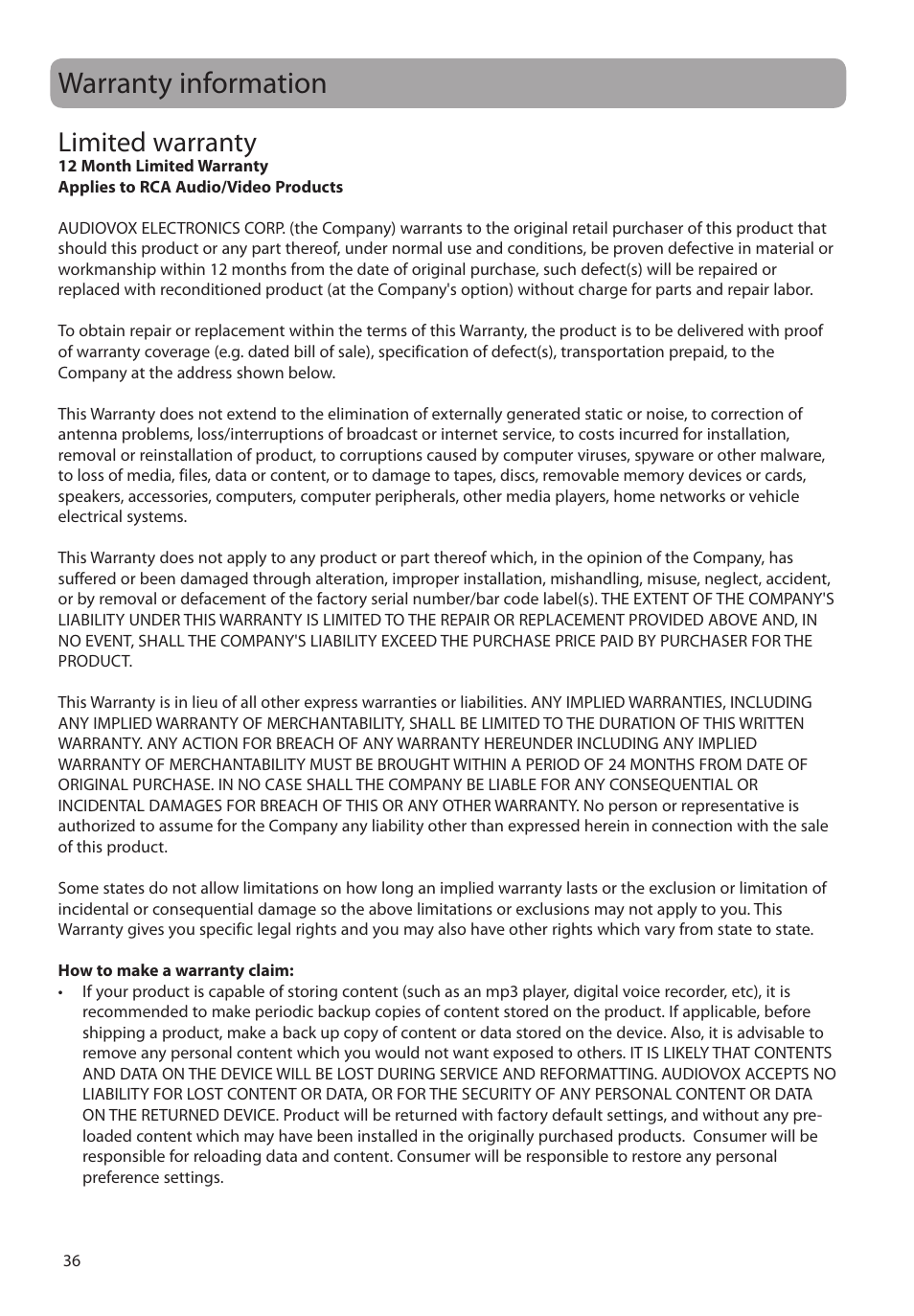 Warranty information, Limited warranty | RCA M48 User Manual | Page 37 / 39