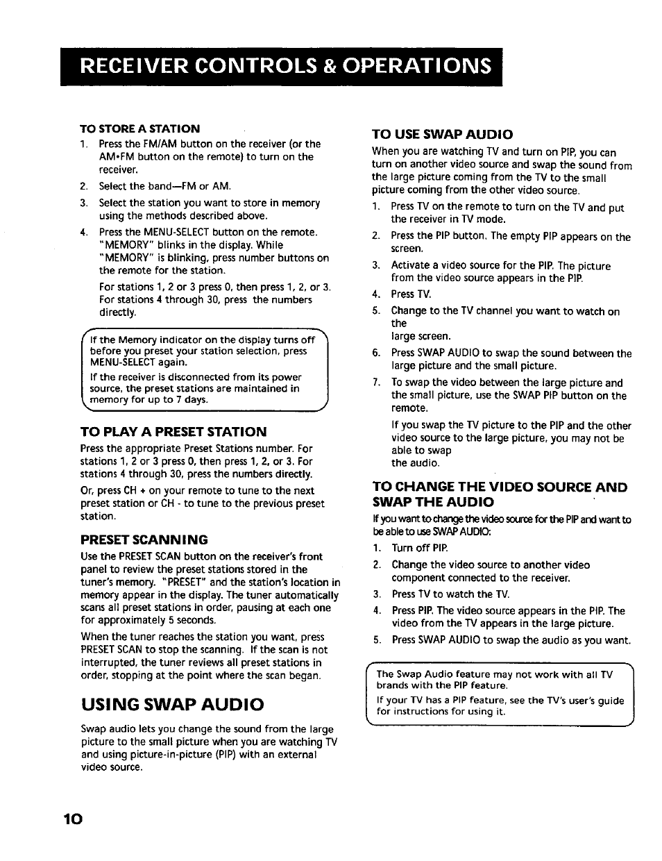 To store a station, To play a preset station, Preset scanning | Using swap audio, To use swap audio, To change the video source and swap the audio, Receiver controls & operations | RCA RV-9978 User Manual | Page 10 / 28