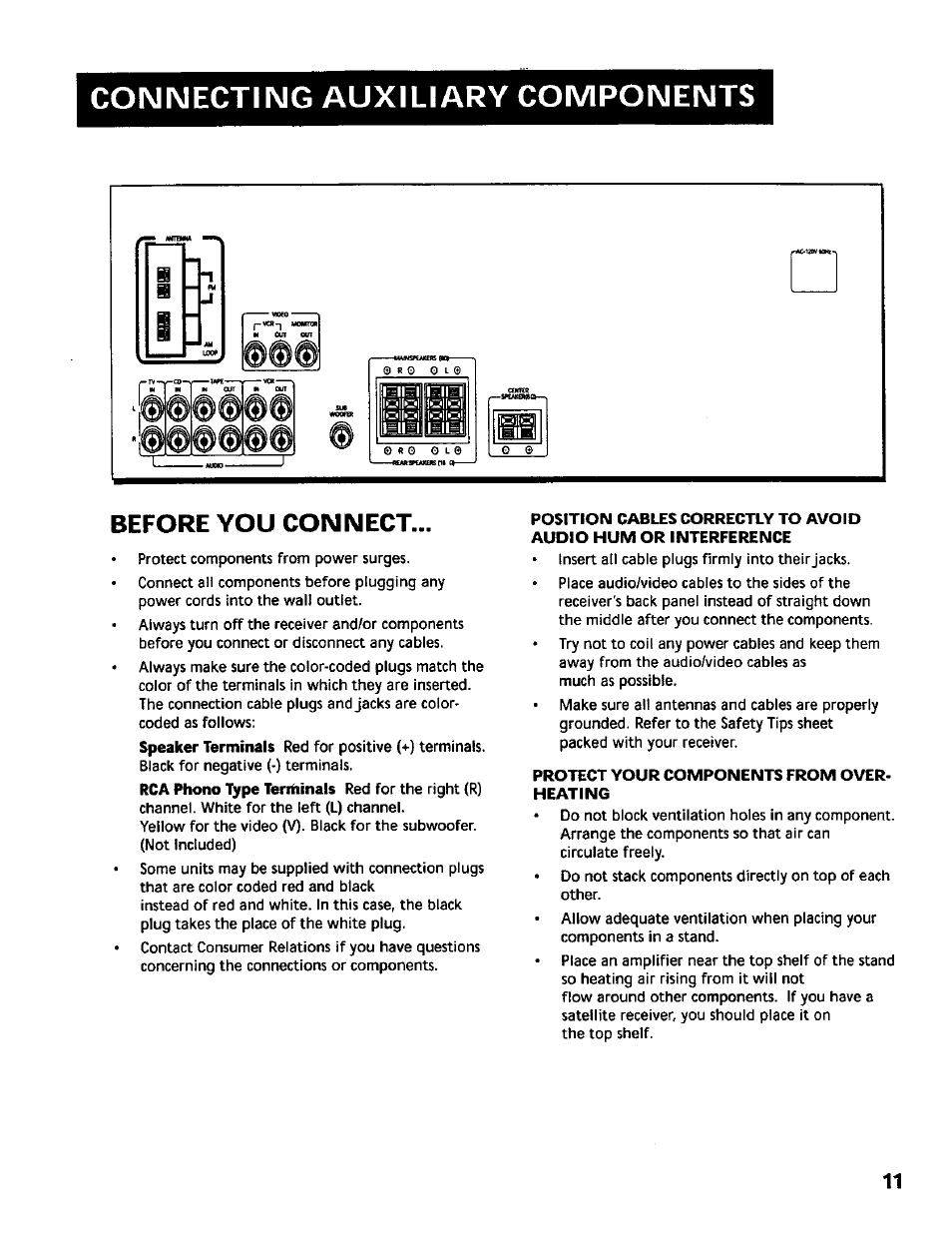 Before you connect, Protect your components from overheating, Connecting auxiliary components | RCA RV-9978 User Manual | Page 11 / 28