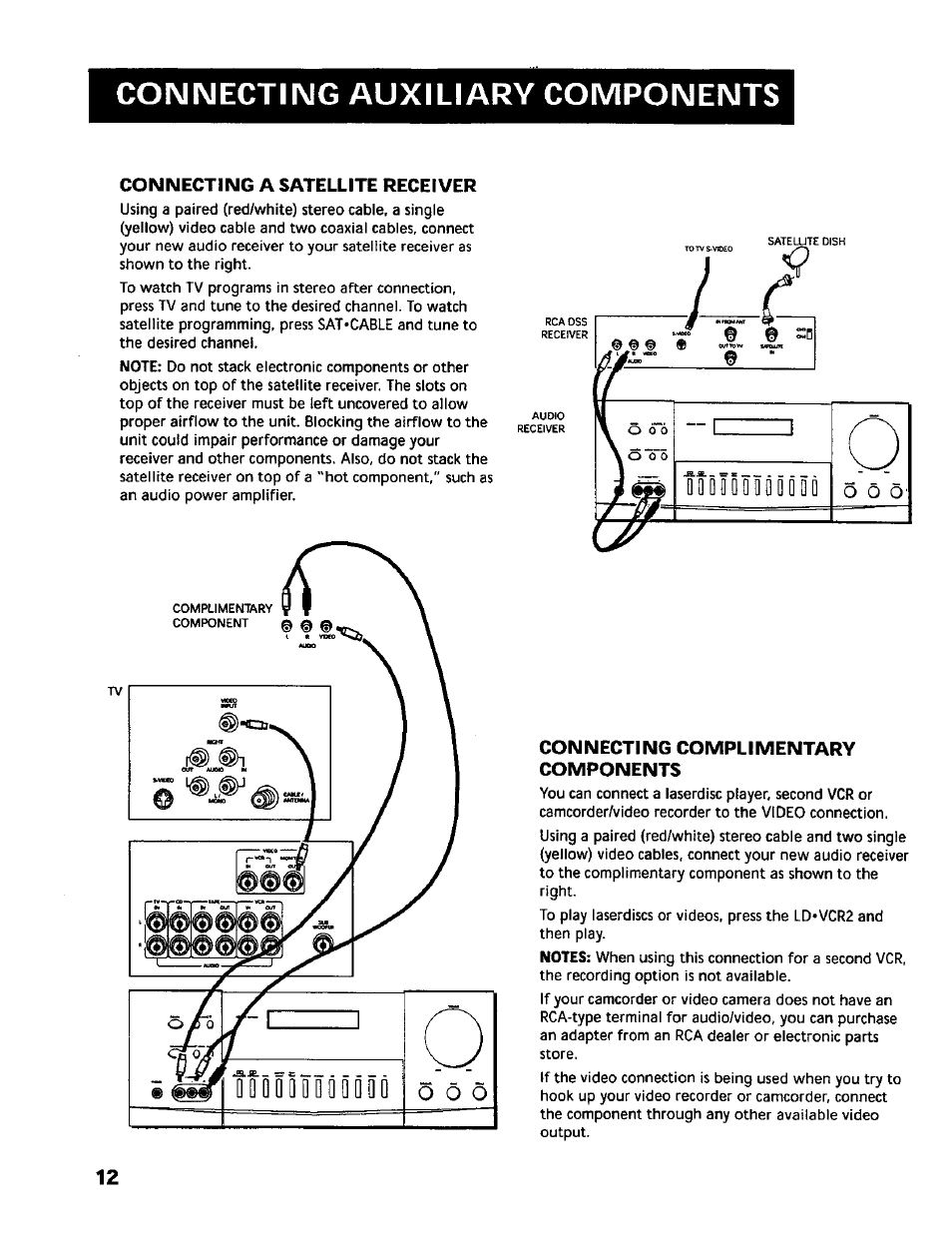 Connecting a satellite receiver, Connecting complimentary components, Connecting auxiliary components | Conisiectiimg auxiliary components | RCA RV-9978 User Manual | Page 12 / 28