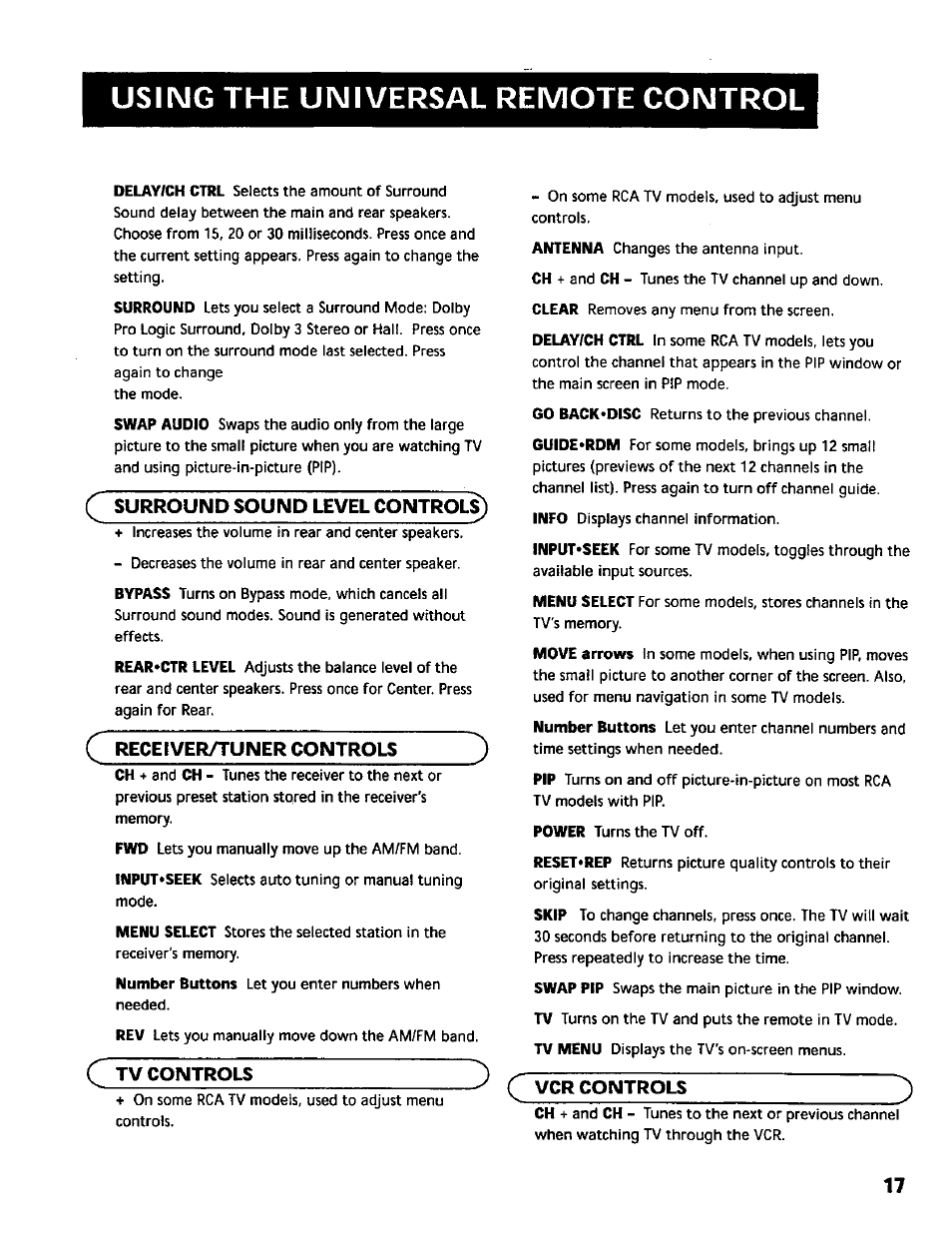 Using the universal remote control, Surround sound level control, Receiver/tuner controls | C tv controls, Vcr controls | RCA RV-9978 User Manual | Page 17 / 28