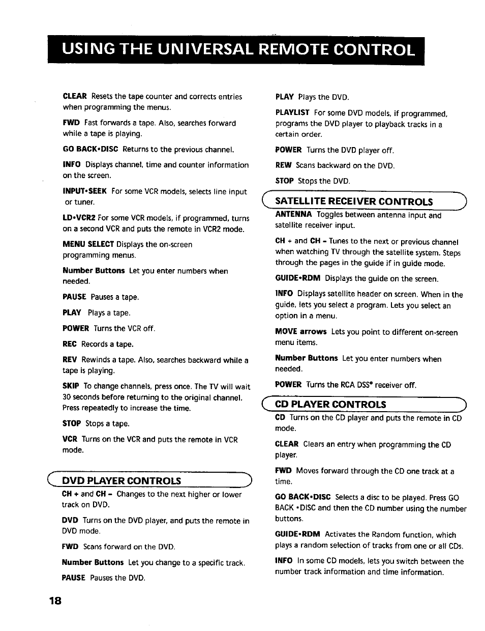 Dvd player controls, Satellite receiver controls, C cd player controls | Using the universal remote control, Cd player controls | RCA RV-9978 User Manual | Page 18 / 28