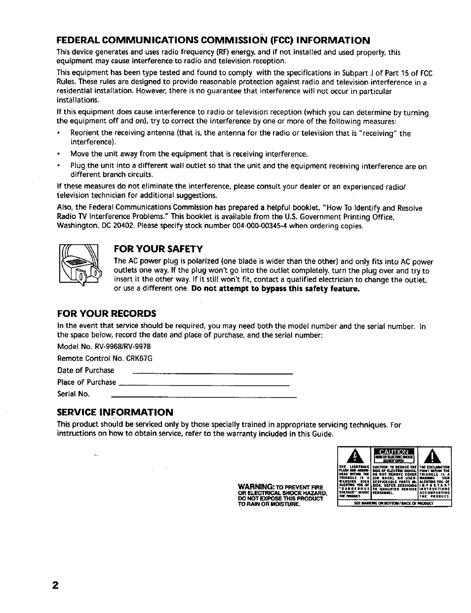 For your safety, For your records, Service information | RCA RV-9978 User Manual | Page 2 / 28