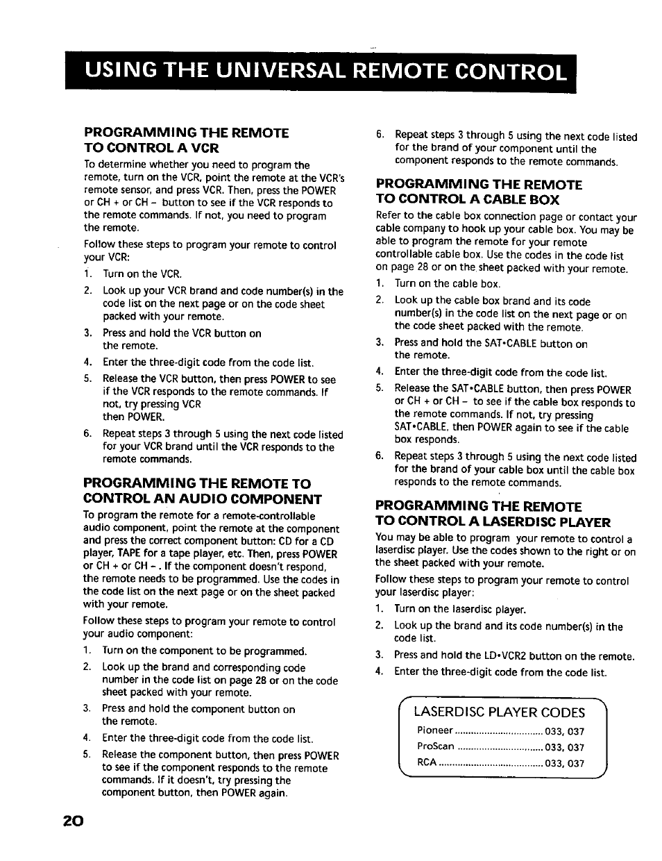 Programming the remote to control a vcr, Programming the remote to control a cable box, Using the universal remote control | RCA RV-9978 User Manual | Page 20 / 28