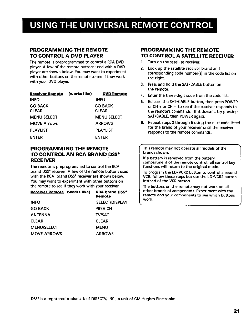 Programming the remote to control a dvd player, Using the universal remote control, Programming the remote to control an rca brand | Receiver | RCA RV-9978 User Manual | Page 21 / 28
