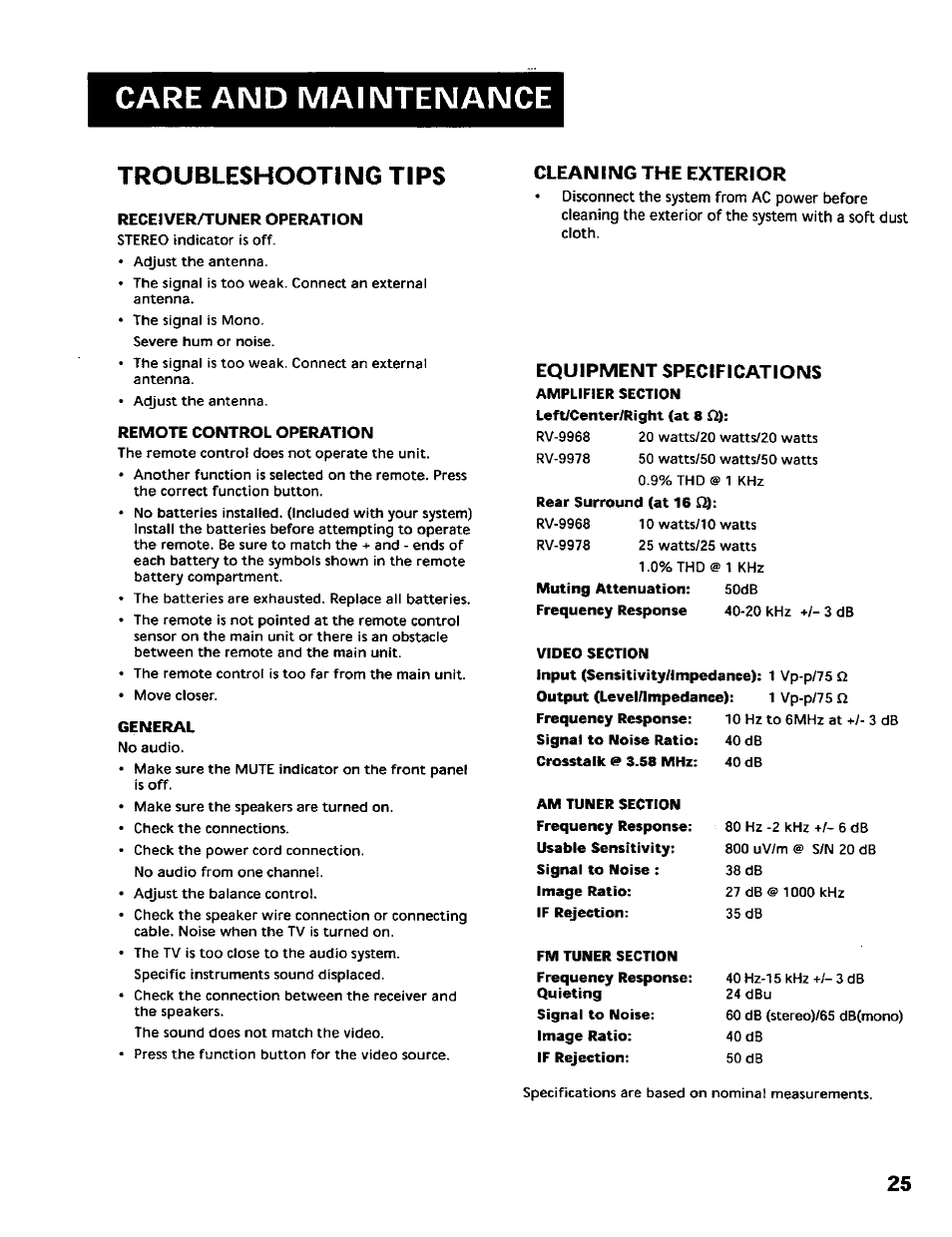 Care and maintenance, Troubleshooting tips, Receiver/tuner operation | Remote control operation, General, Cleaning the exterior, Equipment specifications, Video section, Fm tuner section, Receiver controls & operations | RCA RV-9978 User Manual | Page 25 / 28