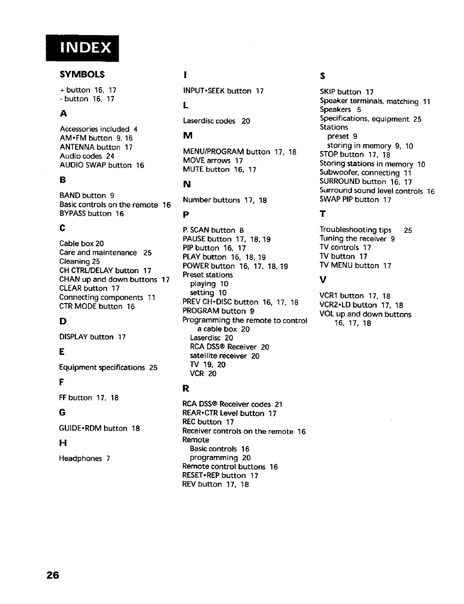 Index, Symbols | RCA RV-9978 User Manual | Page 26 / 28