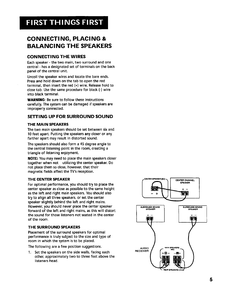 Connecting, placing & balancing the speakers, Connecting the wires, Setting up for surround sound | The main speakers, The center speaker, The surround speakers, Connecting the antennas, First things first | RCA RV-9978 User Manual | Page 5 / 28