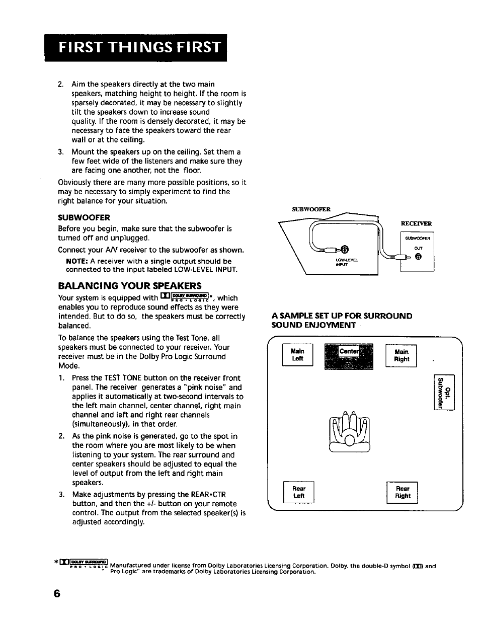 Subwoofer, Balancing your speakers, A sample set up for surround sound enjoyment | First things first | RCA RV-9978 User Manual | Page 6 / 28