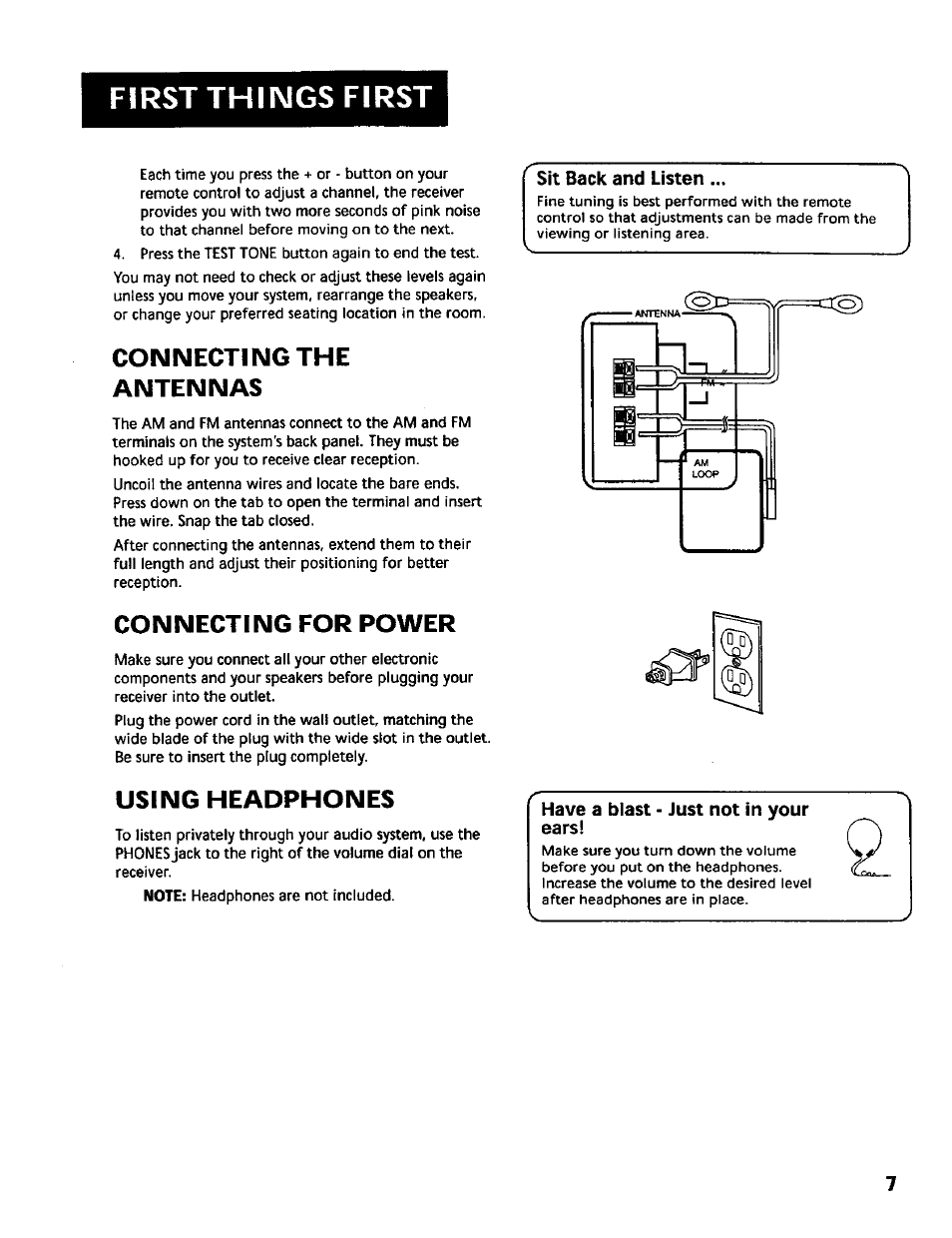 Connecting the antennas, Connecting for power, Using headphones | First things first | RCA RV-9978 User Manual | Page 7 / 28