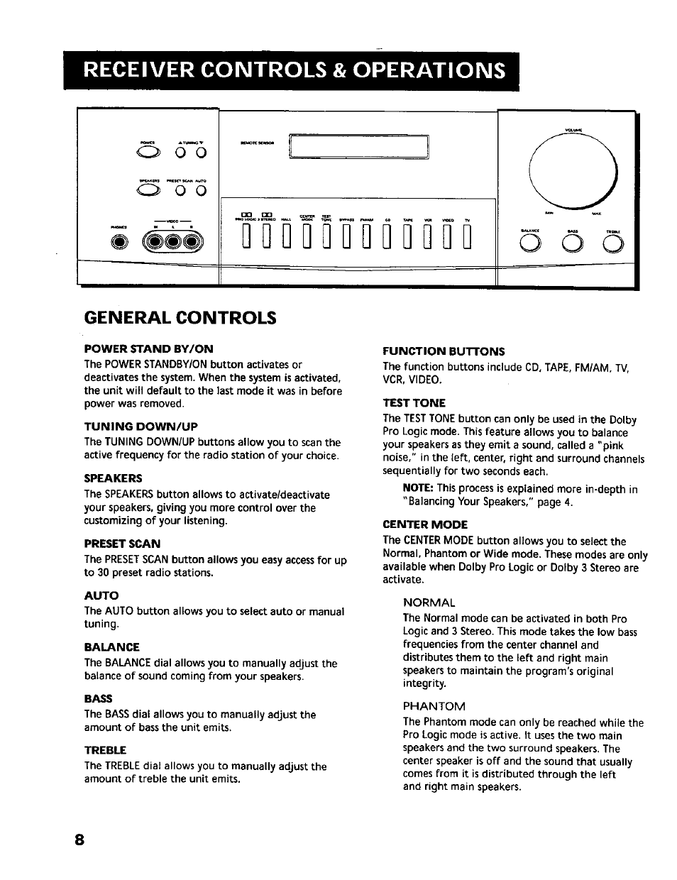 General controls, Power stand by/on, Tuning down/up | Speakers, Preset scan, Auto, Balance, Bass, Treble, Function buttons | RCA RV-9978 User Manual | Page 8 / 28