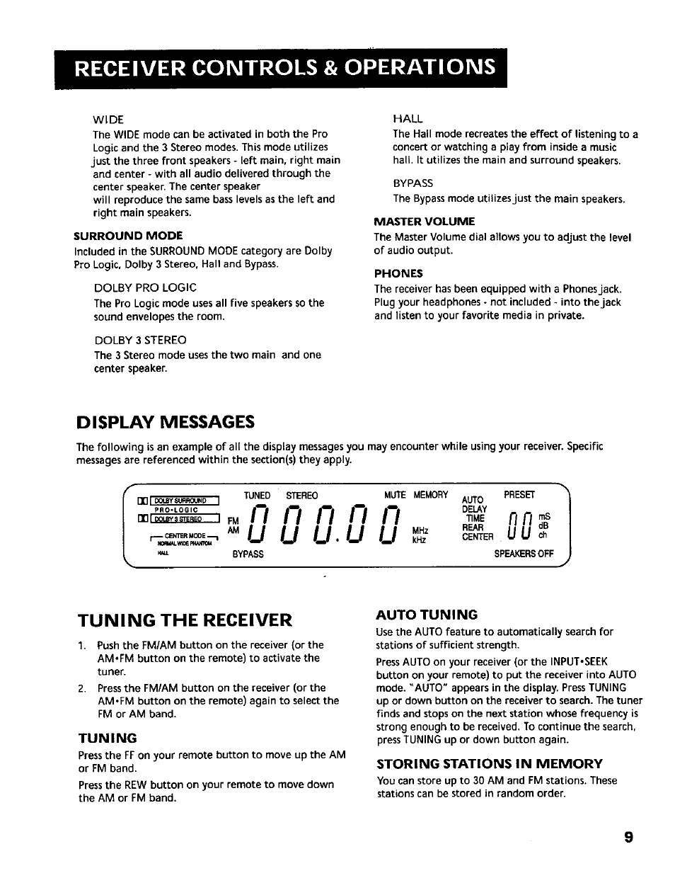 Surround mode, Phones, Display messages | Tuning the receiver, Tuning, Auto tuning, Storing stations in memory, Receiver controls & operations | RCA RV-9978 User Manual | Page 9 / 28