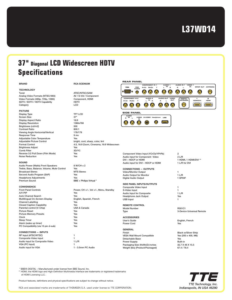 L37wd14, Lcd widescreen hdtv specifications, Diagonal | RCA SCENIUM L37WD14 User Manual | Page 2 / 2