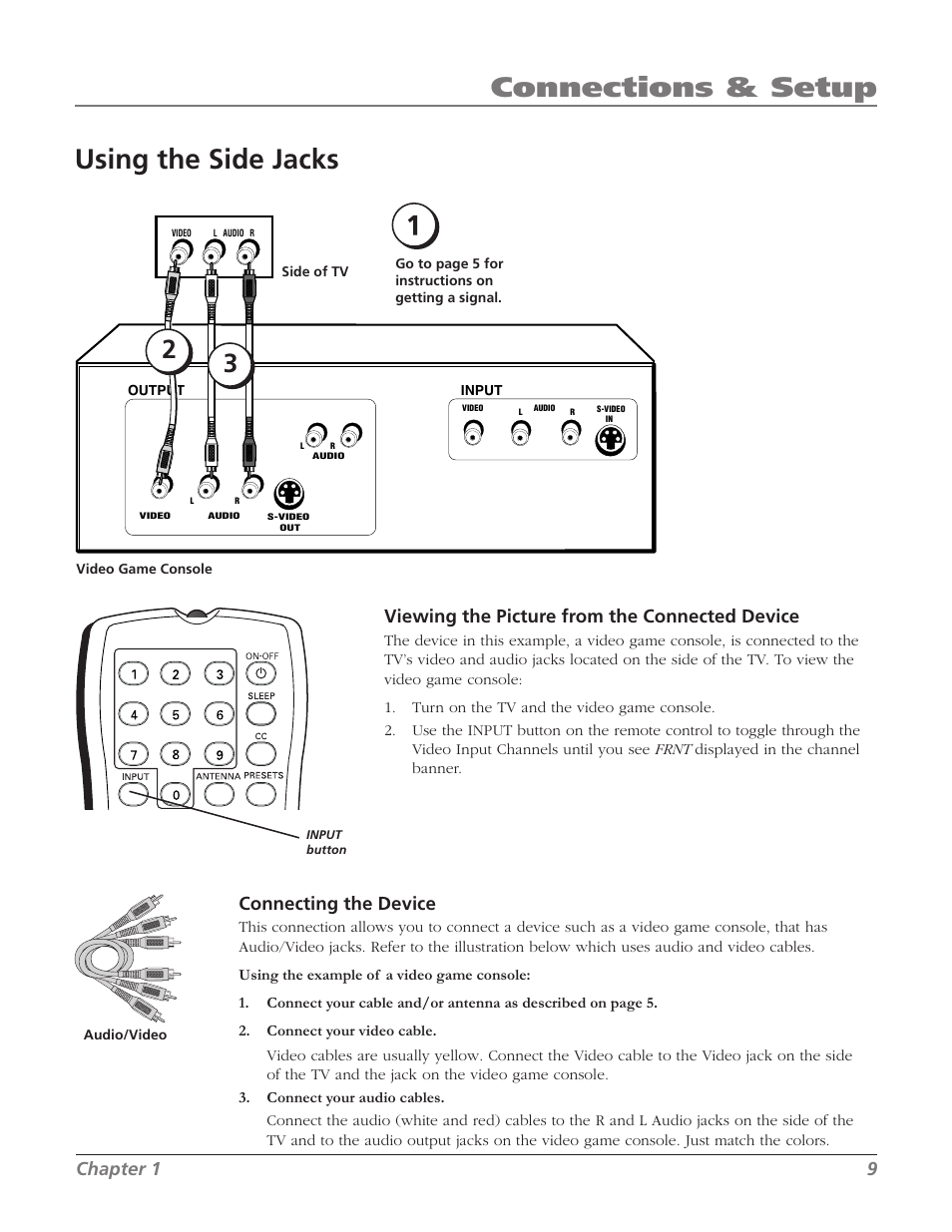 Using the side jacks, Connections & setup, Viewing the picture from the connected device | Connecting the device, Chapter 1 9 | RCA SDTV 27V514T User Manual | Page 11 / 48