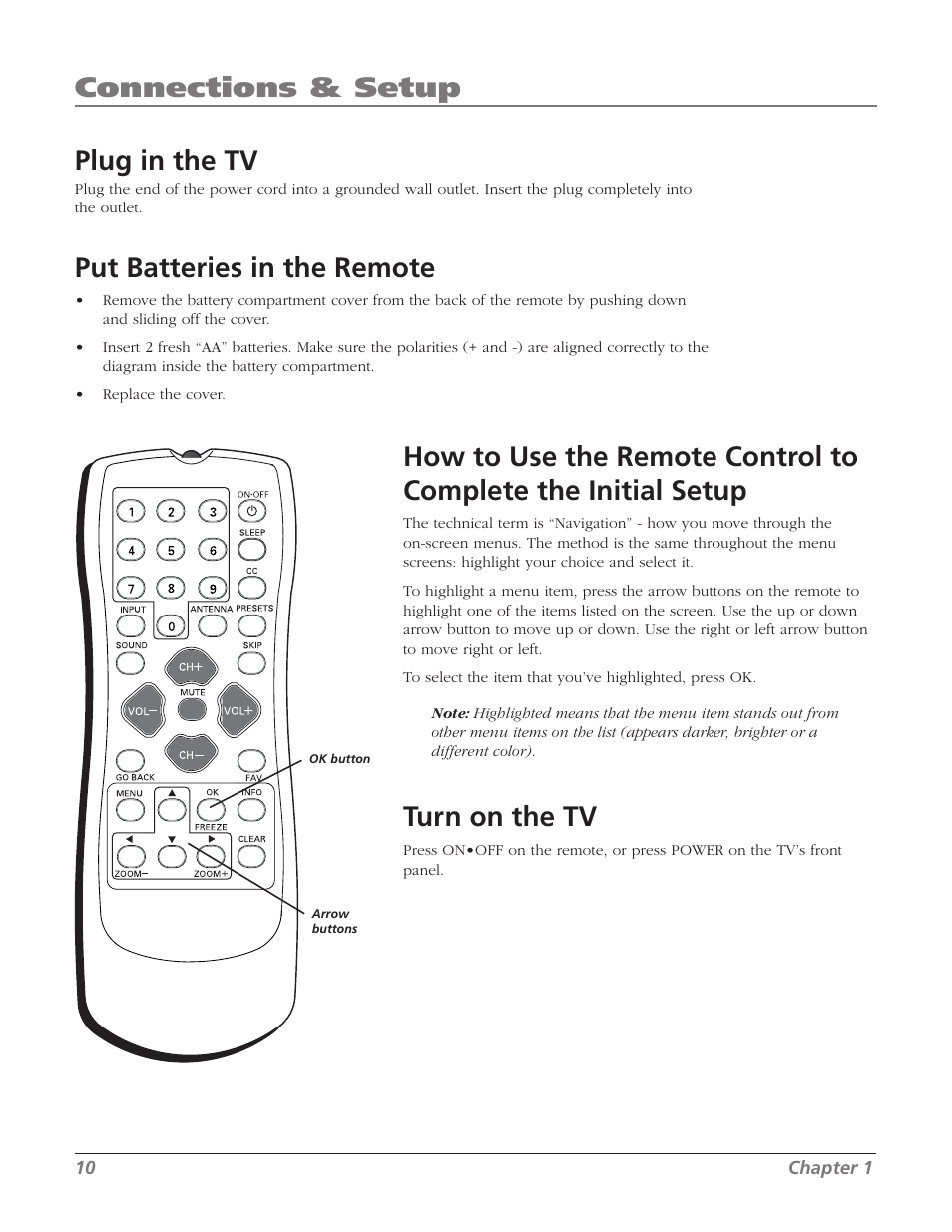 Plug in the tv, Put batteries in the remote, Turn on the tv | Connections & setup | RCA SDTV 27V514T User Manual | Page 12 / 48