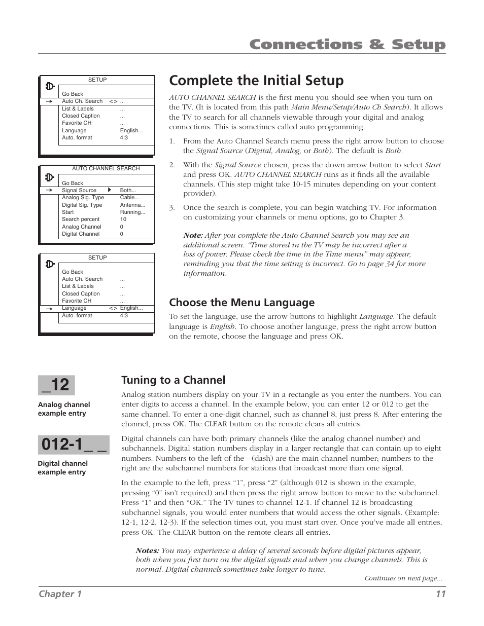 Complete the initial setup, Connections & setup, Choose the menu language | Tuning to a channel, Chapter 1 11 | RCA SDTV 27V514T User Manual | Page 13 / 48