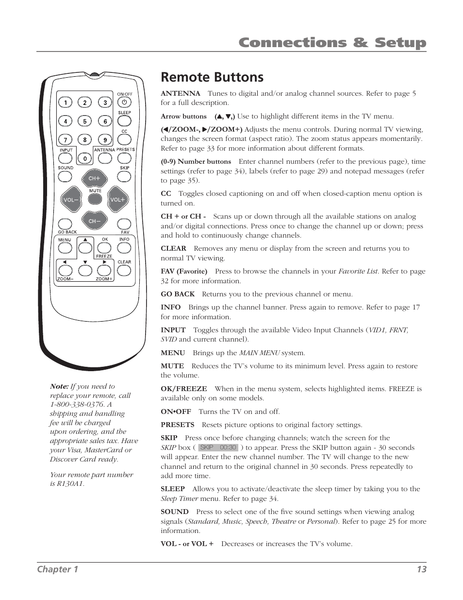 Connections & setup remote buttons | RCA SDTV 27V514T User Manual | Page 15 / 48