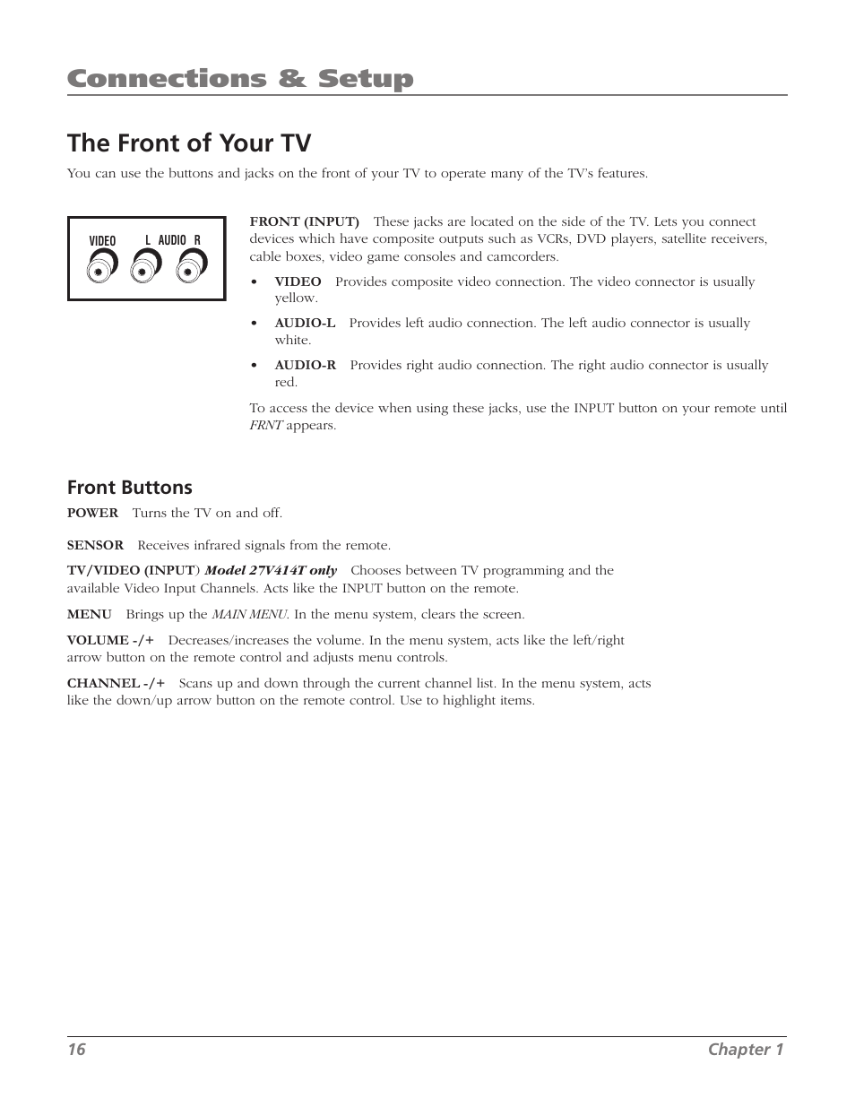 The front of your tv, Connections & setup, Front buttons | RCA SDTV 27V514T User Manual | Page 18 / 48