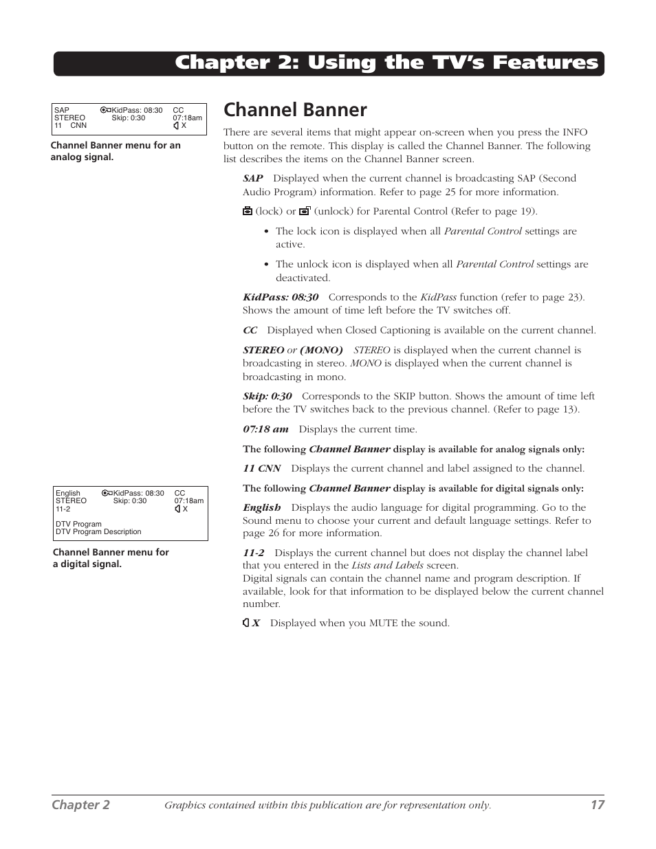 Chapter 2: using the tv’s features channel banner, Chapter 2 17 | RCA SDTV 27V514T User Manual | Page 19 / 48