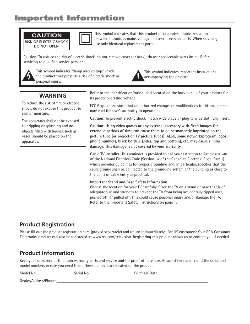 Important information, Product registration, Product information | Warning, Caution | RCA SDTV 27V514T User Manual | Page 2 / 48