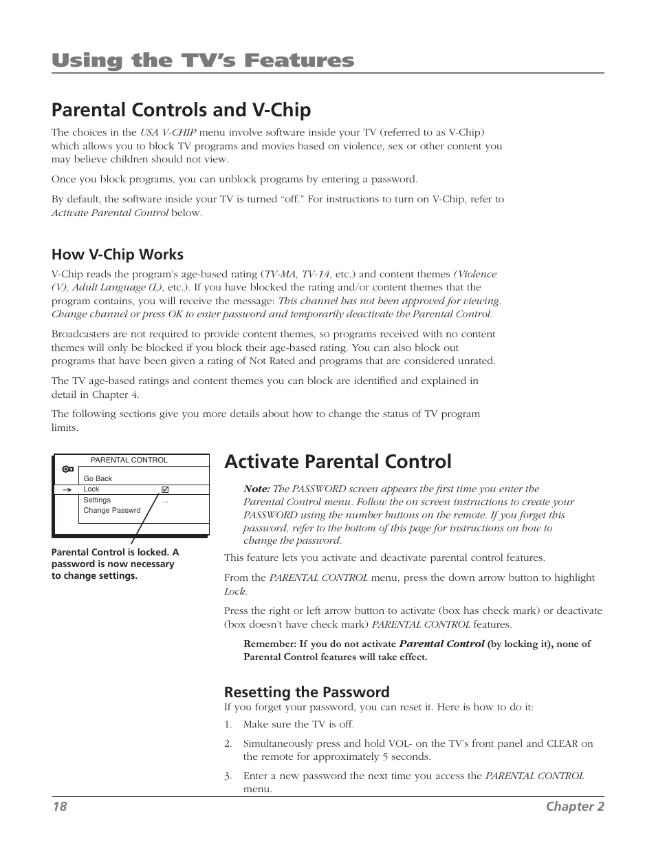 Parental controls and v-chip, Activate parental control, Using the tv’s features | How v-chip works, Resetting the password | RCA SDTV 27V514T User Manual | Page 20 / 48