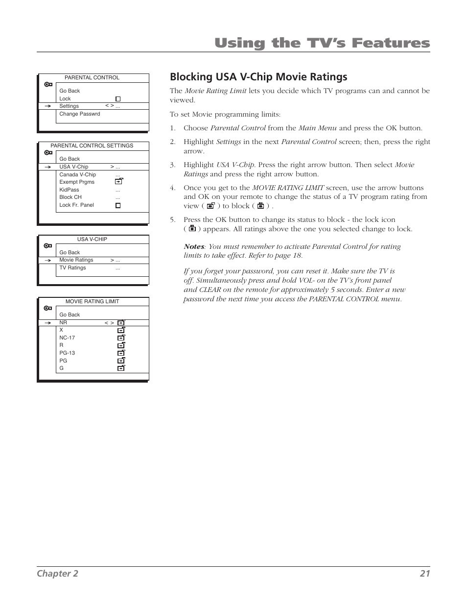 Using the tv’s features, Blocking usa v-chip movie ratings, Chapter 2 21 | RCA SDTV 27V514T User Manual | Page 23 / 48