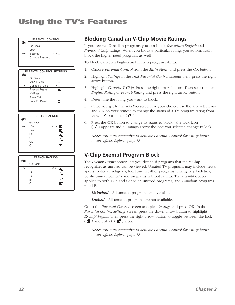 Using the tv’s features, Blocking canadian v-chip movie ratings, V-chip exempt program block | 22 chapter 2 | RCA SDTV 27V514T User Manual | Page 24 / 48