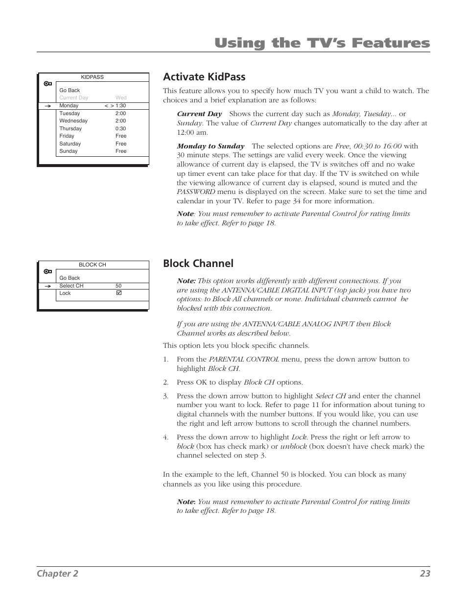 Using the tv’s features, Activate kidpass, Block channel | Chapter 2 23 | RCA SDTV 27V514T User Manual | Page 25 / 48