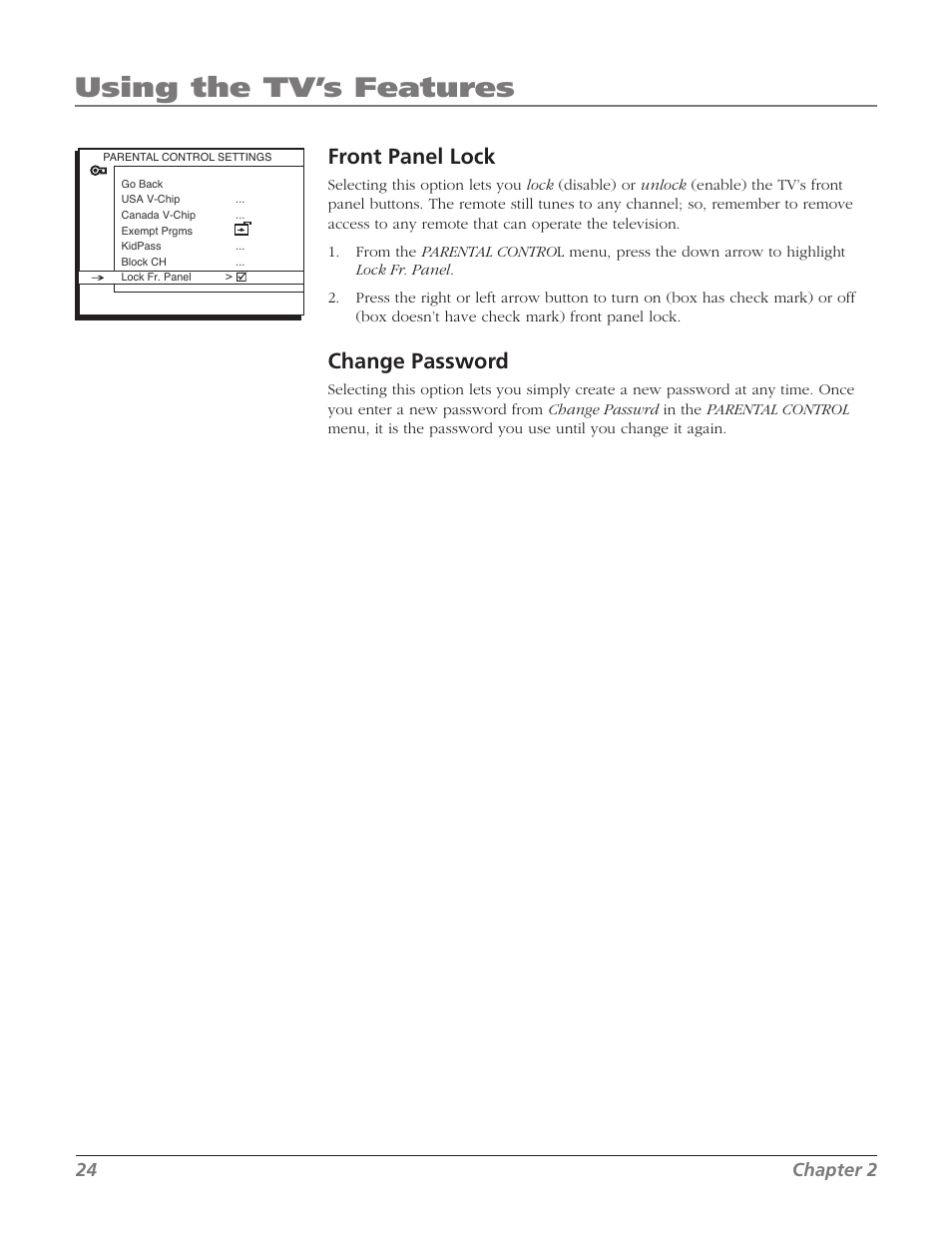Using the tv’s features, Front panel lock, Change password | RCA SDTV 27V514T User Manual | Page 26 / 48