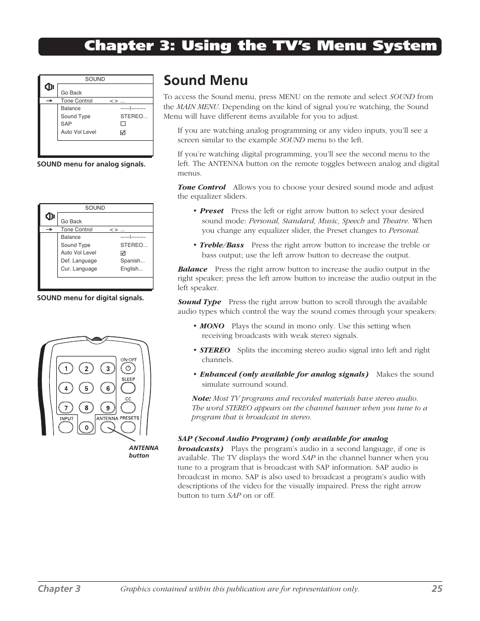 Chapter 3: using the tv’s menu system sound menu, Chapter 3 25 | RCA SDTV 27V514T User Manual | Page 27 / 48