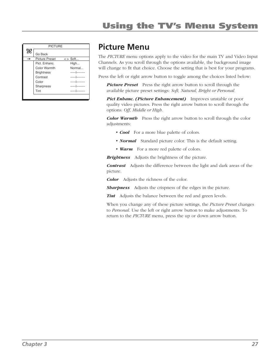Picture menu, Using the tv’s menu system, Chapter 3 27 | RCA SDTV 27V514T User Manual | Page 29 / 48