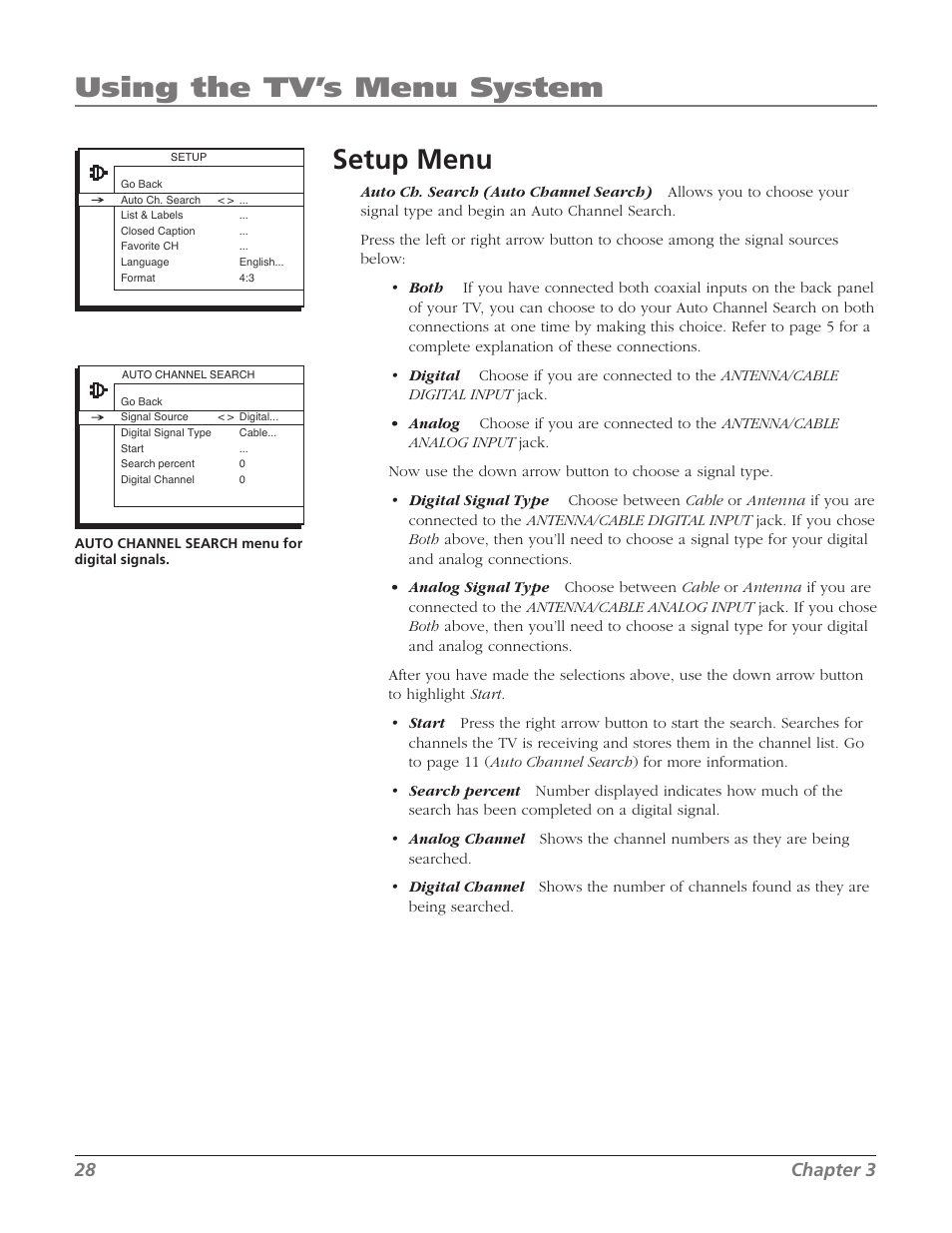 Setup menu, Using the tv’s menu system, 28 chapter 3 | RCA SDTV 27V514T User Manual | Page 30 / 48