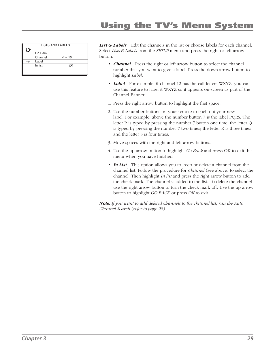 Using the tv’s menu system, Chapter 3 29 | RCA SDTV 27V514T User Manual | Page 31 / 48