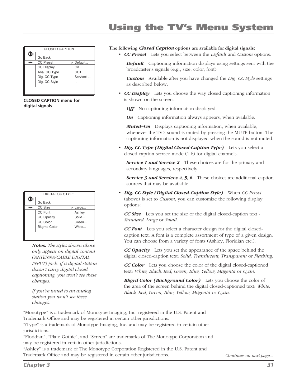 Using the tv’s menu system, Chapter 3 31 | RCA SDTV 27V514T User Manual | Page 33 / 48