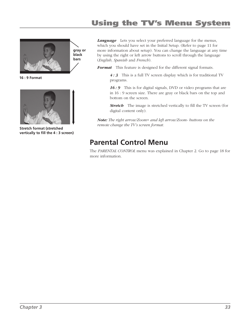 Parental control menu, Using the tv’s menu system | RCA SDTV 27V514T User Manual | Page 35 / 48