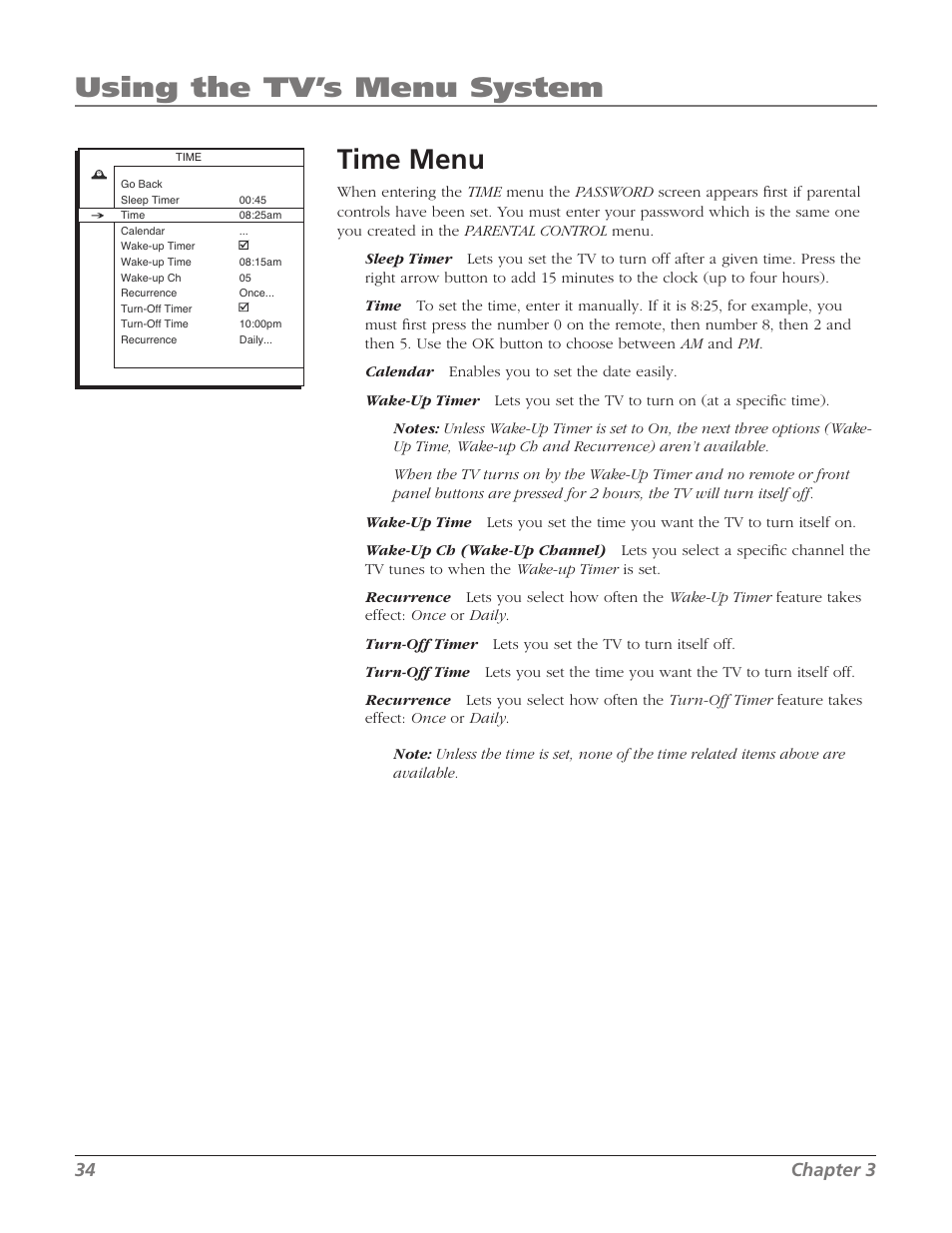 Time menu, Using the tv’s menu system, 34 chapter 3 | RCA SDTV 27V514T User Manual | Page 36 / 48