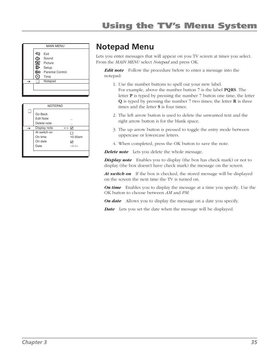 Using the tv’s menu system, Chapter 3 35 | RCA SDTV 27V514T User Manual | Page 37 / 48