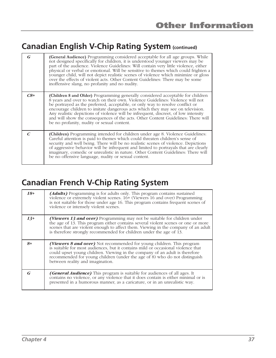 Other information, Canadian english v-chip rating system, Canadian french v-chip rating system | RCA SDTV 27V514T User Manual | Page 39 / 48