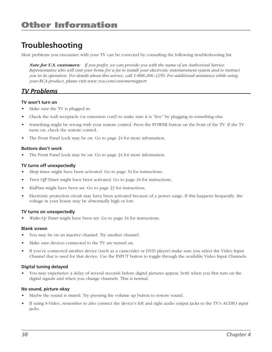 Troubleshooting, Other information, Tv problems | RCA SDTV 27V514T User Manual | Page 40 / 48